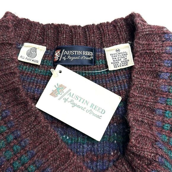 NWT Vintage AUSTIN REED V-neck Sweater Shetland Wool Blue Brown size M - Picture 11 of 13